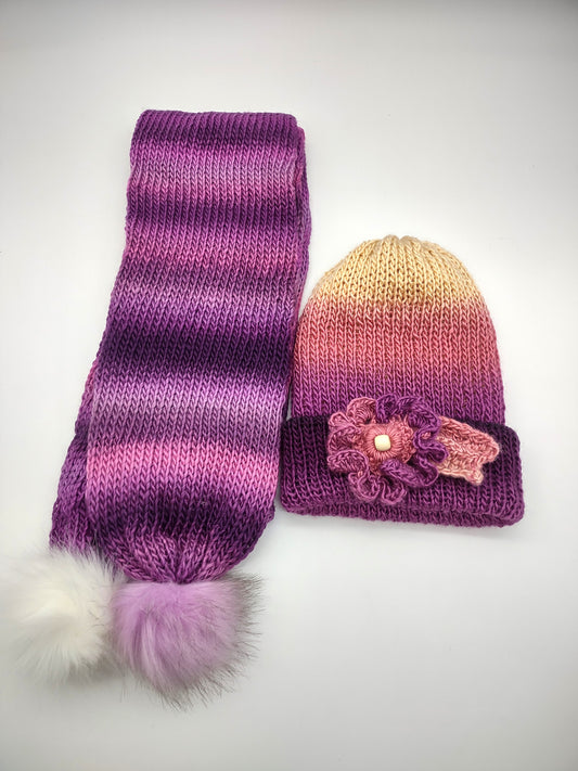 Knit Beanie and Scarf Set - Pinks and Purples
