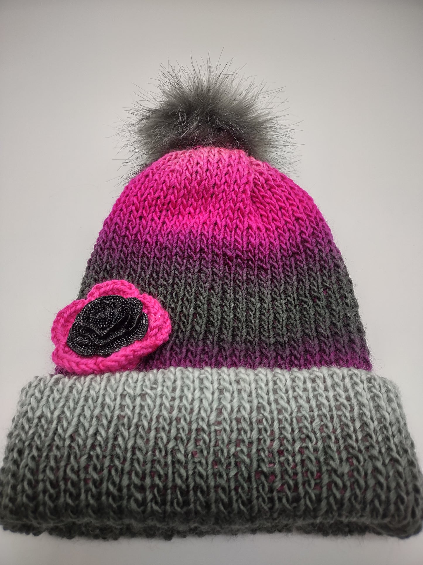 Women Knit Beanie - Pink/Grey/Black