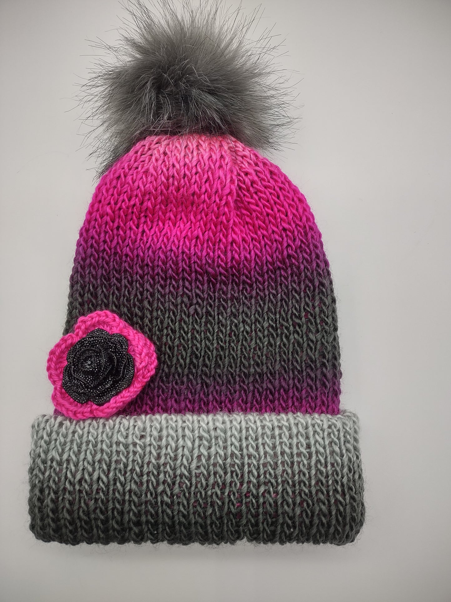 Women Knit Beanie - Pink/Grey/Black